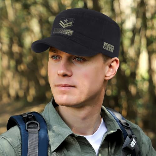 Cotton Military Caps for Men Women Unisex Flat Top Hat Adjustable Cadet Army Cap - color: Black 2