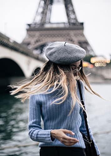 Women French Wool Beret Hats - Solid Color Classic Beanie Winter Cap - color: Light Gray
