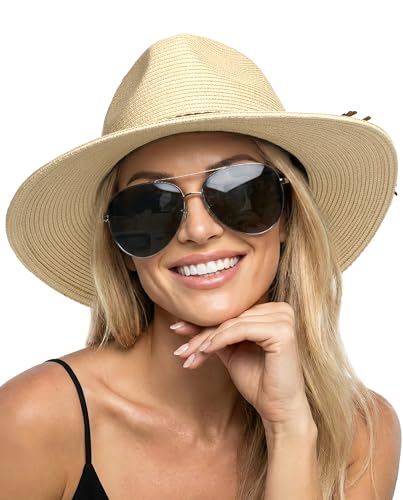 FURTALK Womens Wide Brim Sun Hat Beach Panama Fedora Straw Summer - color: New Beige, size: Medium-Large