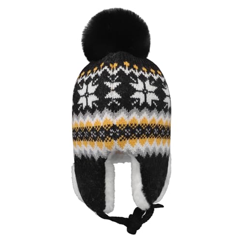 IPENNY Women's Winter Faux Fur Lined Trapper Hat, Warm Knitted Beanie with Pom Pom & Earflaps, Warm Ski Cap for Cold Weather - color: Black