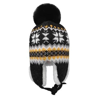 IPENNY Women's Winter Faux Fur Lined Trapper Hat, Warm Knitted Beanie with Pom Pom & Earflaps, Warm Ski Cap for Cold Weather - color: Black