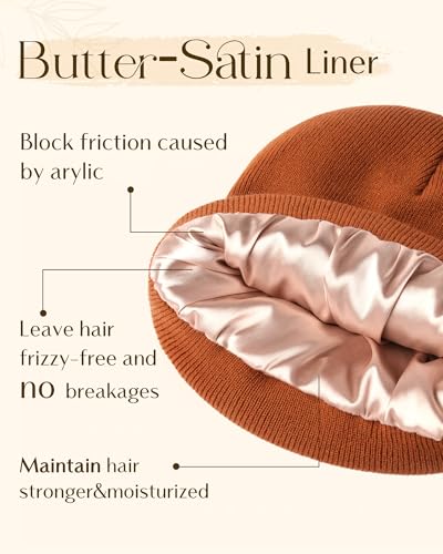 YANIBEST Satin Lined Beanie for Women, Reduce Frizz Winter Hats - color: Ac-orange
