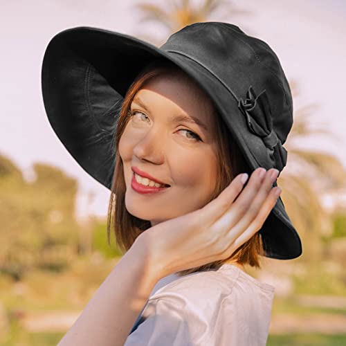 Comhats Packable Summer Cotton Sun Hat Bucket for Women UV Protection Wide Brim Beach Gardening Travel 54-64CM - color: Black, size: Medium
