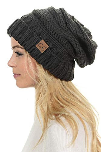 C.C Hat-100 Oversized Baggy Slouch Thick Warm Cap Hat Skully Cable Knit Beanie - color: Dark Melange