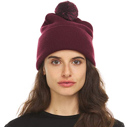 100% Merino Wool - Midweight Cuff Pom Beanie - Winter Pom Pom Hat - color: Burgundy With Black and Burgundy Pom