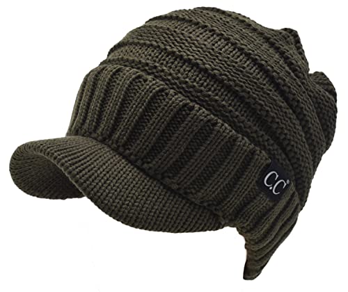 C.C Trendy Warm Oversized Chunky Soft Oversized Ribbed Slouchy Knit Hat with Visor Brim - color: Dark Olive Green