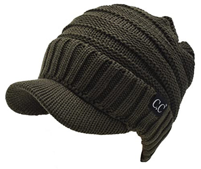 C.C Trendy Warm Oversized Chunky Soft Oversized Ribbed Slouchy Knit Hat with Visor Brim - color: Dark Olive Green