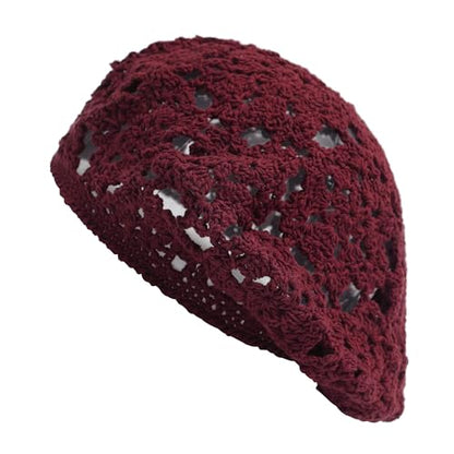 ZLYC Women Cotton Slouchy Crochet Beret Handmade Cutout Floral Beanie Hat - color: Floral Burgundy