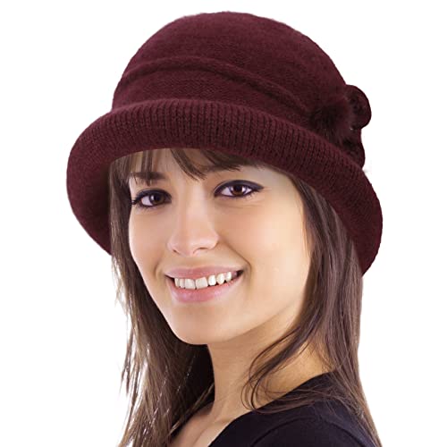 Women Winter Knit 1920s Vintage Bucket Bowler Hat Round Brim Warm Hat - color: 1dark Red