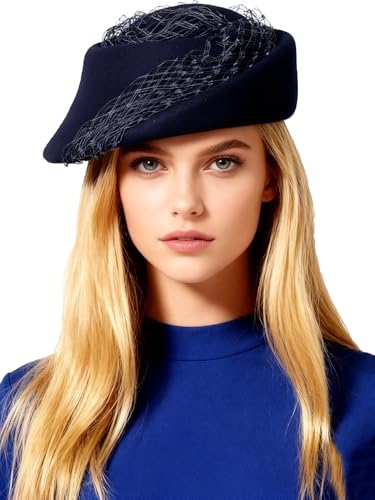 Small Top Hats for Women Elegant Winter Vintage Beret Wool Felt Fedoras Ladies Luxury Wedding and Church Cap Female - color: Navy Blue 1