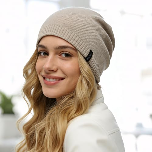 Wool Blend Ribbed Knit Beanie for Men Women, Double Layer Warm Winter Hat Beanies Skull Cap - color: Light Brown