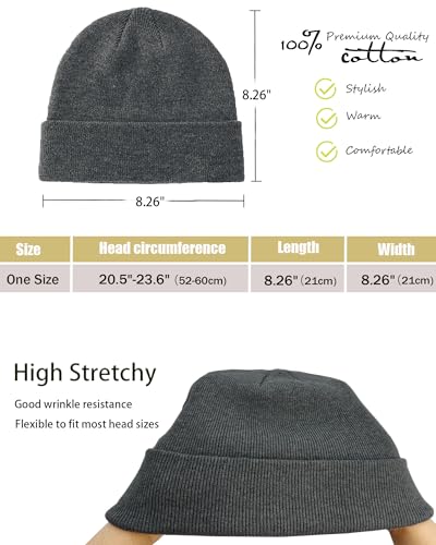 vidsel 100% Cotton Beanie Hat-Unisex Winter Knit Cuffed Beanies Skull Cap - color: 1-dark Grey