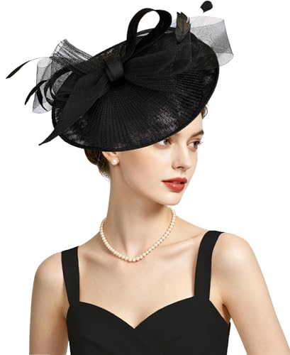 Kidukso Fascinators Hats for Women Derby Hats Tea Party Hat Mesh Headwear with Feather for Church Cocktail Wedding - color: Black