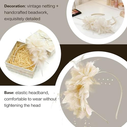 Fascinators for Women Ribbon Feather Tea Party Headwear - color: Th Off White
