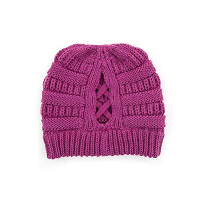 C.C Exclusives Soft Stretch Cable Knit Messy Bun Ponytail Beanie Winter Hat for Women (MB-20A) - color: 0 Criss-cross Magenta Purple