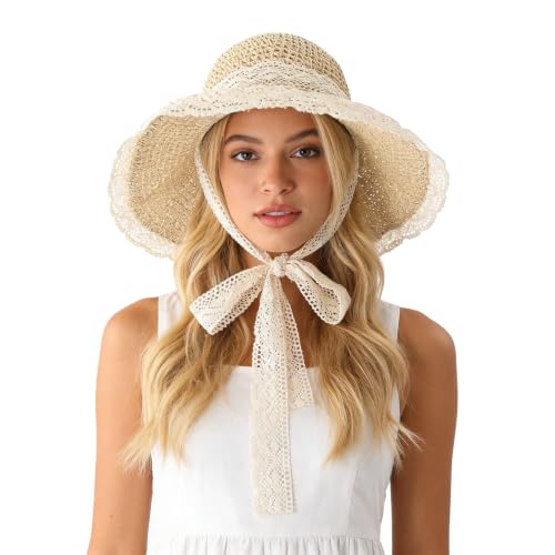 Women Wide Brim Straw Sun Hat Floppy Beach Cap UV Protection Crochet Bucket Hat Packable Summer Travel Hat with Lace Brim - color: Beige
