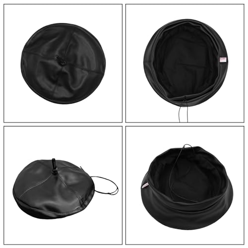 Women Classic PU Leather French Beret Beanie Hat Pumpkin Cap - color: Black C#