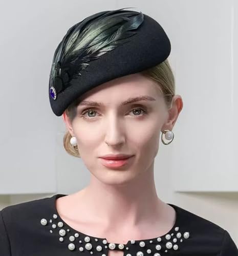 ORIDOOR British Style Pillbox Hat Women Church Wedding Winter Vintage Fascinator Beret 100% Wool Felt Hat with Veil - color: 13e Feather Black
