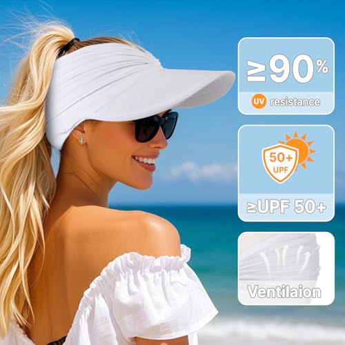 Sun Hats for Women, Wide Brim UV Protection Foldable Sun Visor Hats, UPF50+ - color: White
