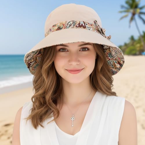 Women Bohemian Reversible Sun Hat Wide Brim Fishing Hats - color: Lac001-beige