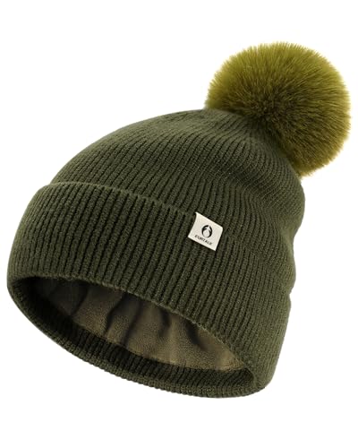 FURTALK Pom Pom Winter Hats for Women Fleece Lined Slouchy Warm Beanie Skull Cap - color: Green