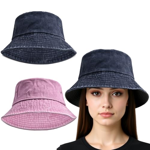 2 Packs Washed Cotton Bucket Hat, Vintage Wide Brim Sun Hat, Unisex Casual Fisherman Hat for Men Women - color: 2pcs 25
