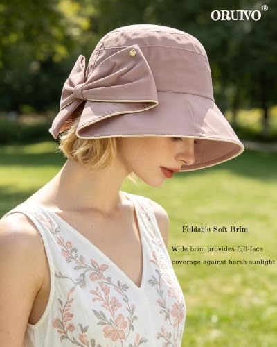Women's Foldable Wide Brim Bowknot Bucket Hat Sun Protective - color: Dusty Rose