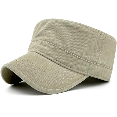 Washed Cotton Military Hat Cadet Cap Army Flat Top Basic Everyday - color: Khaki, size: Medium-Large