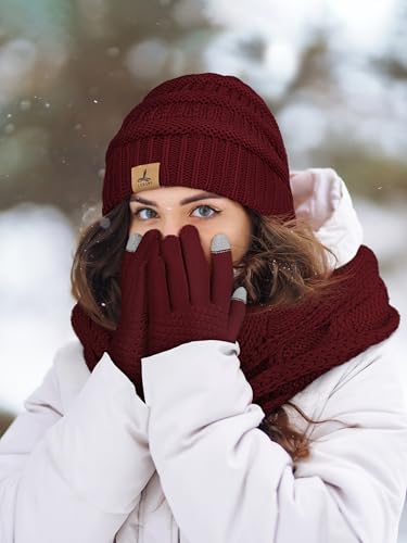 LOROME Winter Beanie Hat Scarf Gloves, Warm Fleece Knit Neck Scarf Set Gift - color: Wine Red