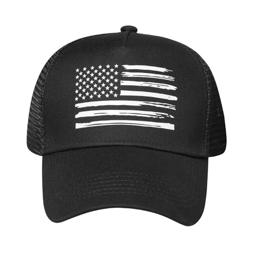 Baseball Cap, American Flag Trucker Hat for Men Women, Breathable Adjustable Fit Outdoor Mesh Snapback Hats - color: Black/White Flag