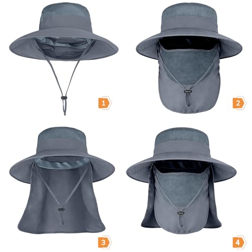 ZOORON Sun Hats for Men Women with Neck Flap Fishing UPF 50+ UV Protection - color: Dark Grey (With Face Cover)