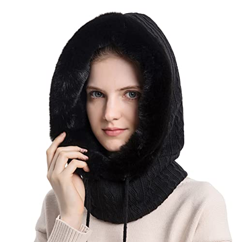 HUAMULAN Women Cable Knit Balaclavas Winter Fleece Lined Beanie Hat - color: Black