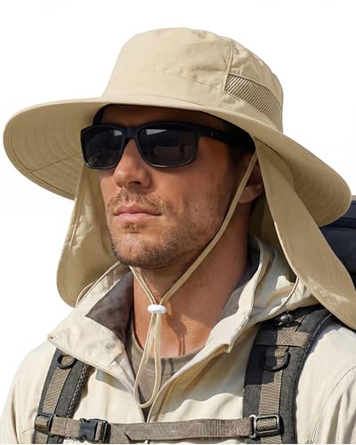 Sun Hats for Men Wide Brim Bucket Hat with Neck Flap for Fishing & Hiking Mens Sun Hat for UV Protection - color: Khaki