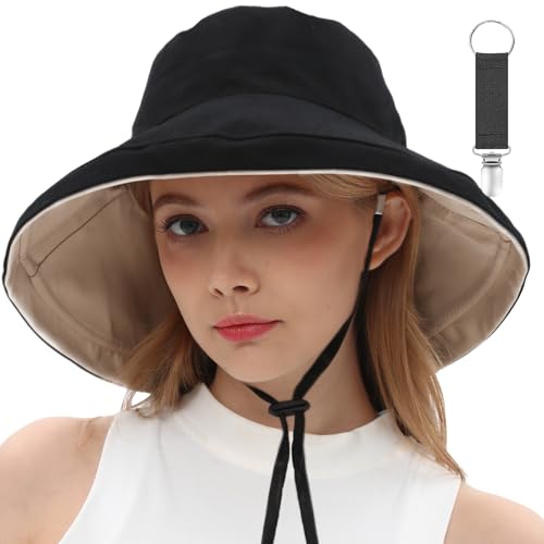 vidsel Womens Sun Hats Wide Brim Reversible Bucket Cotton Hat with Hat Clip - color: Medium-black+beige, size: Medium