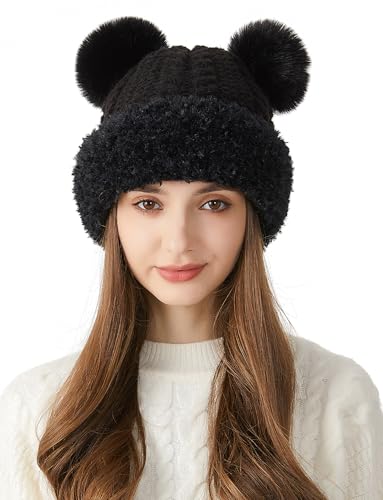 FEOYA Womens Knit Winter Beanie Hat with Faux Fur Pompom Fuzzy Cute Knit Fleece Lined Skull Cap - color: Black