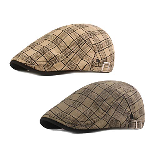 Men's Plaid Striped Newsboy Ivy Flat Driving Golf Cap - color: 1975 Khaki+beige