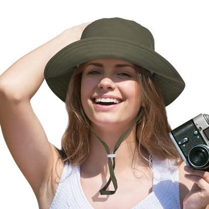 Women Wide Brimmed Sun Hat,Summer Foldable Beach Bucket Hat with UV Protection for Women Young Girls - color: Army Green