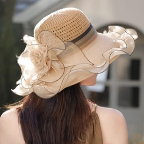 Floral Church Wide Brim Sun Hat, Breathable Derby Tea Party Hat - color: Khaki