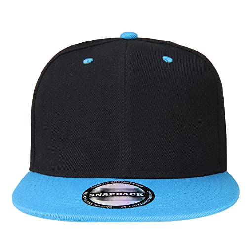 Falari Wholesale 12 Pack Snapback Hat Cap Hip Hop Style Flat Bill Blank Solid Color Adjustable Size - color: 12-pack Black/Turquoise