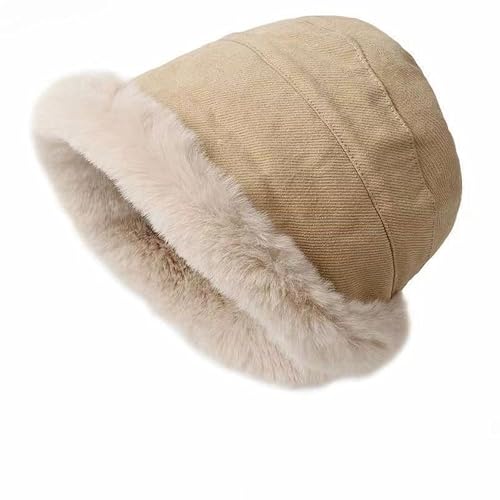 XYX Women Winter Knit Fleece Lined Bucket Hat Beanie Hat Rolled Brim Faux Fur Crochet Skull Cap - color: Beige