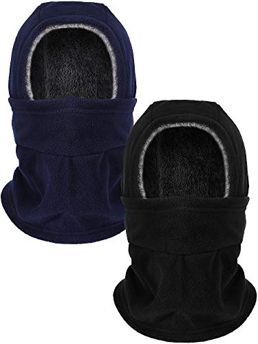 Geyoga Winter Fleece Balaclava Hat for Men Women Full Face Covering Scarf Hood Ski Mask with Drawstring - color: Black, Navy Blue