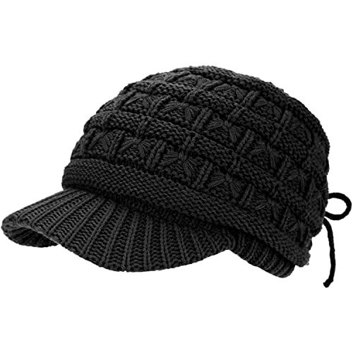 BYOS Womens Winter Chic Cable Warm Fleece Lined Crochet Knit Hat W/Visor Newsboy Cabbie Cap - color: Basket Woven-black