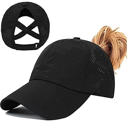 Womens Ponytail Hat Baseball Cap, Adjustable Criss Cross Baseball Cap High Bun Unisex Quick Drying Trucker Hats - color: Zblack