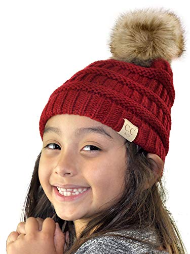 C.C Children's Kids' Soft Stretch Cable Knit Faux Fur Pom Beanie Hat - color: Red