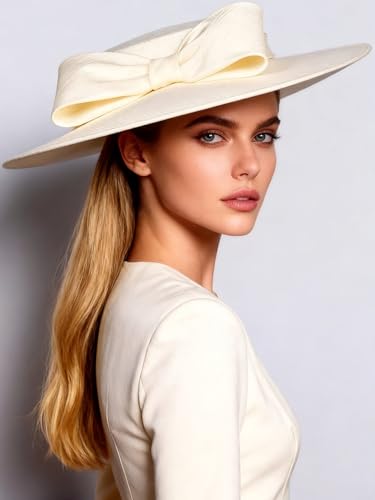 Wide Brim Hats for Women Big Bowknot Formal Occasion Kentucky Cap Lady Wedding Cocktail Party Flat Top Fedoras - color: Beige White