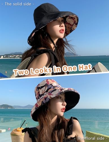 Double Side Womens Floral Wide Brim Sun Hat, UPF50+ UV Protection Reversible Bucket Hat Foldable Adjustable Brim - color: Black