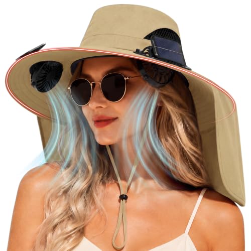 2 in 1 Wide Brim Sun Hat with 2 Solar Fans Sunshade UPF 50+ Garden Outdoor Fishing Beach Essential - color: Khaki