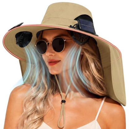 2 in 1 Wide Brim Sun Hat with 2 Solar Fans Sunshade UPF 50+ Garden Outdoor Fishing Beach Essential - color: Khaki