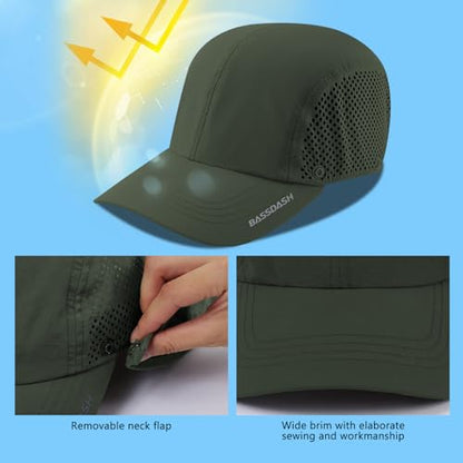 BASSDASH UPF 50+ Fishing Hat, Baseball Cap with Removable Neck Flap - color: Army Green With Unfoldable Brim