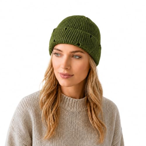 Unisex Warm Knit Skull Cap Hip-hop Slouchy Ripped Knitted Hat - color: Green
